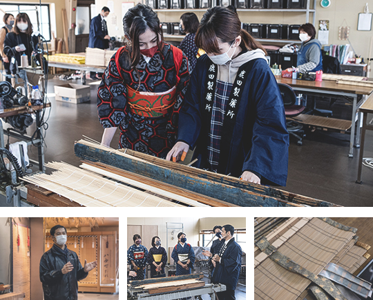 写真:製造する織元を見学し、実際に触ってみたりしている様子。